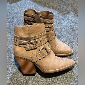 Studded Buckle Ankle Boots in Tan Suede